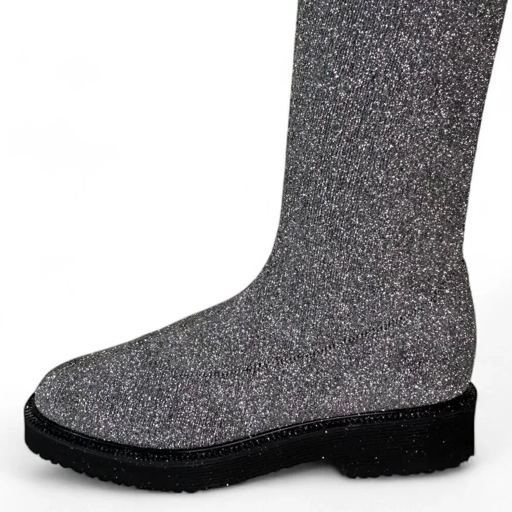 Giuseppe Zanotti Women's Silver Glitter Over-the-Knee Flat Boots Sz 37.5 NWOT